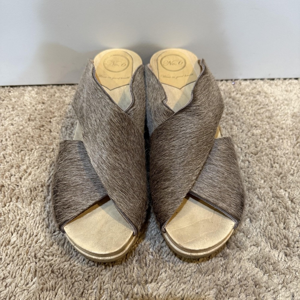 No.6 Clog Sandals Womens Size 12 Brown Haircalf Wooden Platform Wedge Slides - Picture 2 of 9